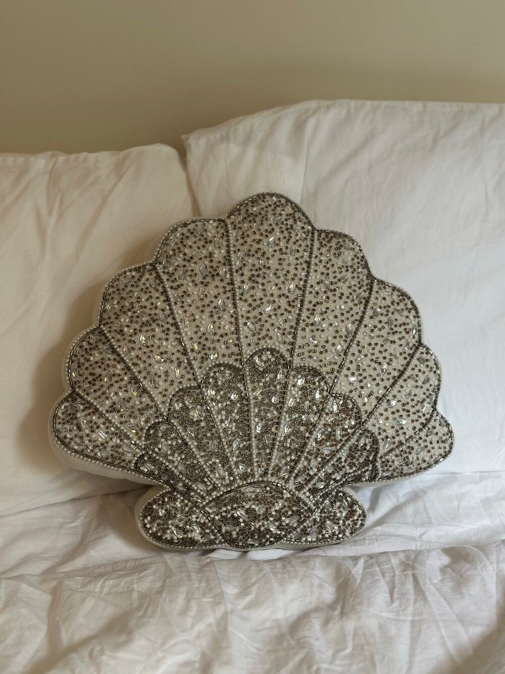 Beaded Seashell Decorative Throw Pillow14" Coastal Shell Accent CreamSilver New